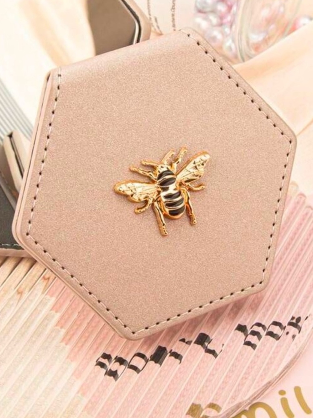 🐝 NEW 🐝 Khaki Bee Foldable Stand Alone Cosmetic Mirror 🐝